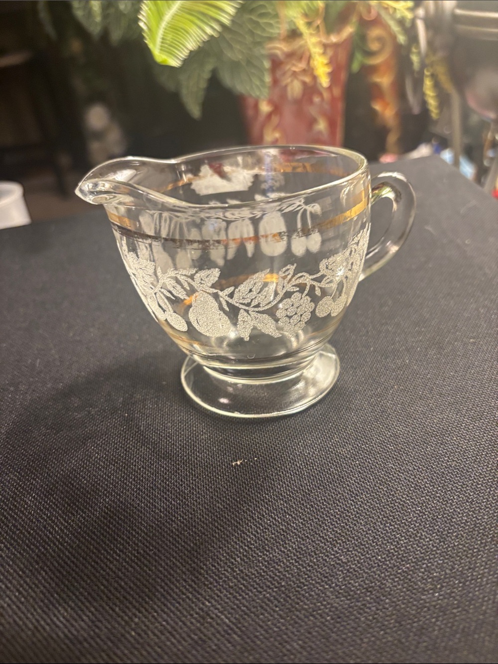 Etched Glass Creamer Pitcher with Fruit Motif